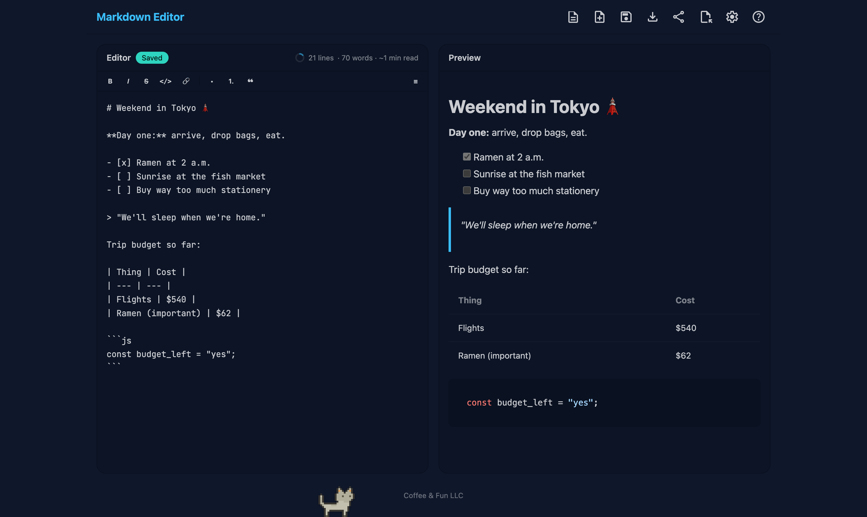 Markdown Editor in its night theme: markdown source and toolbar on the left, live preview on the right, pet cat at the bottom.