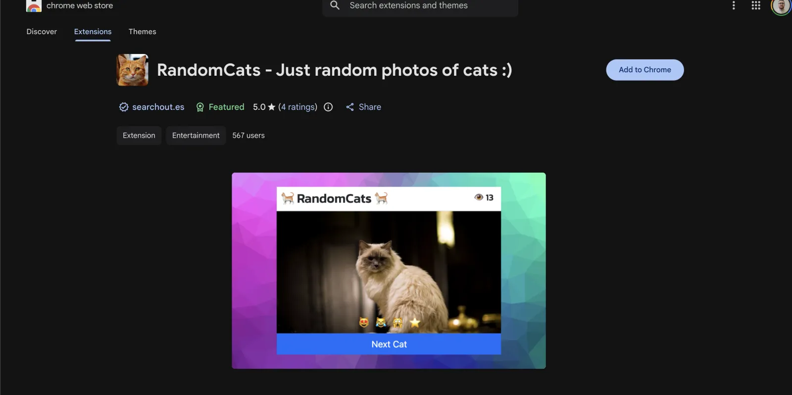 RandomCats, a Featured extension for random cat photos with 567 users