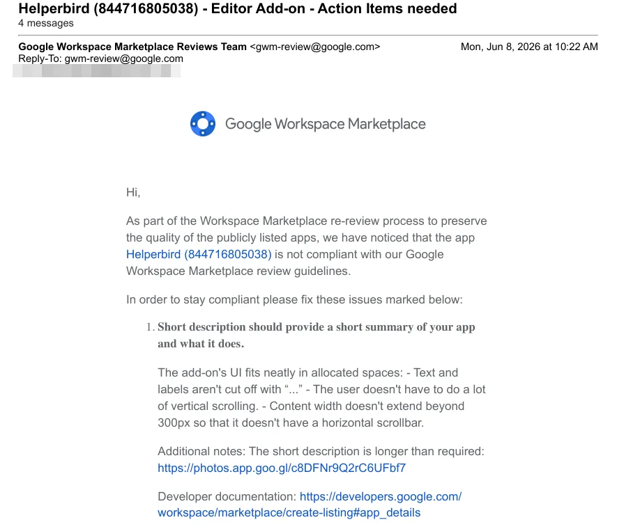 Google's re-review email flagging the Helperbird short description as longer than required